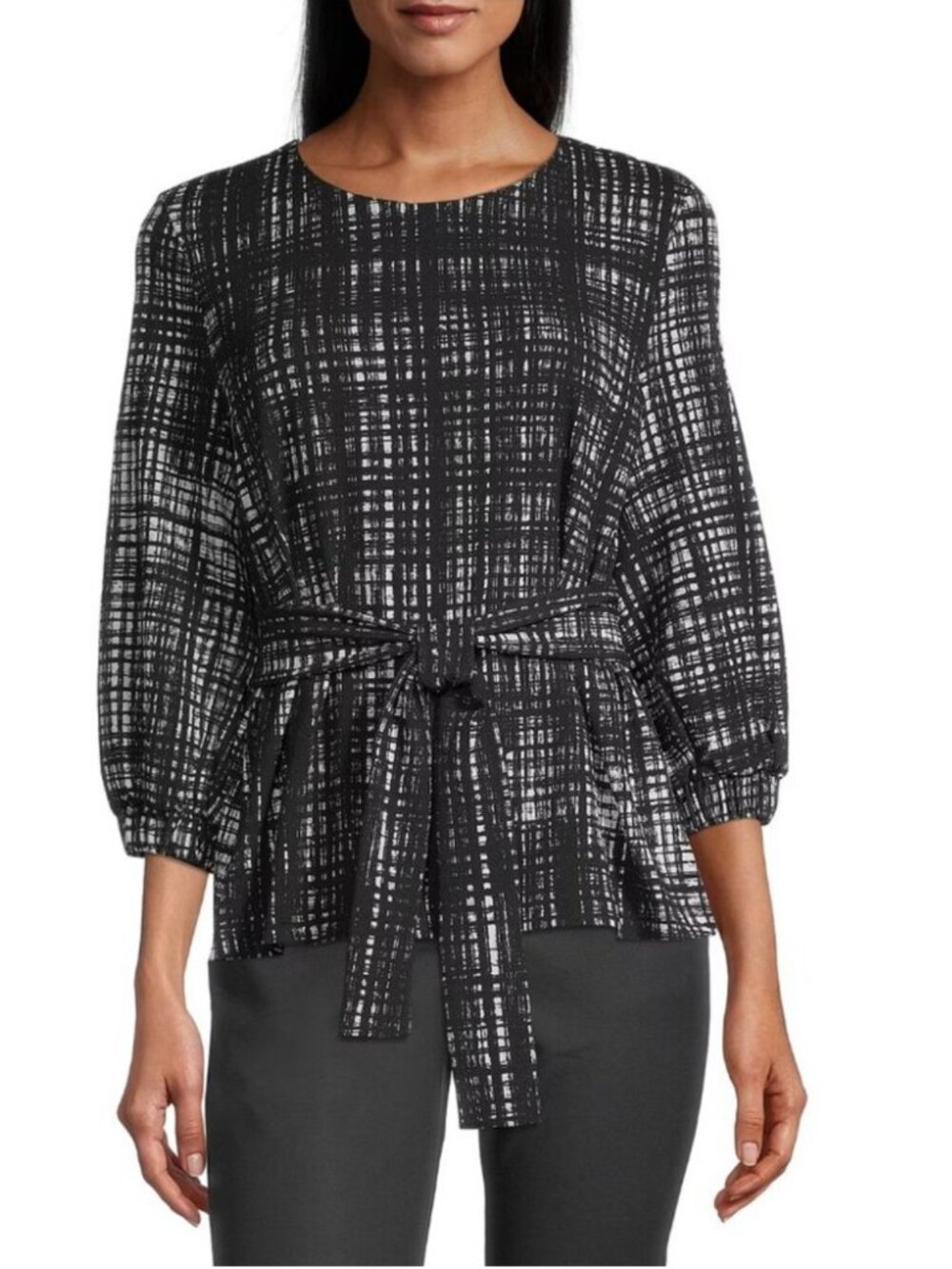 Worthington Front Tie Blouse ¾ Sleeves Black & White Workwear Size XS